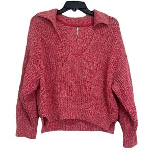 Free People Sweater Womens Small Love This City Collared‎ Pink Melange Crop Knit